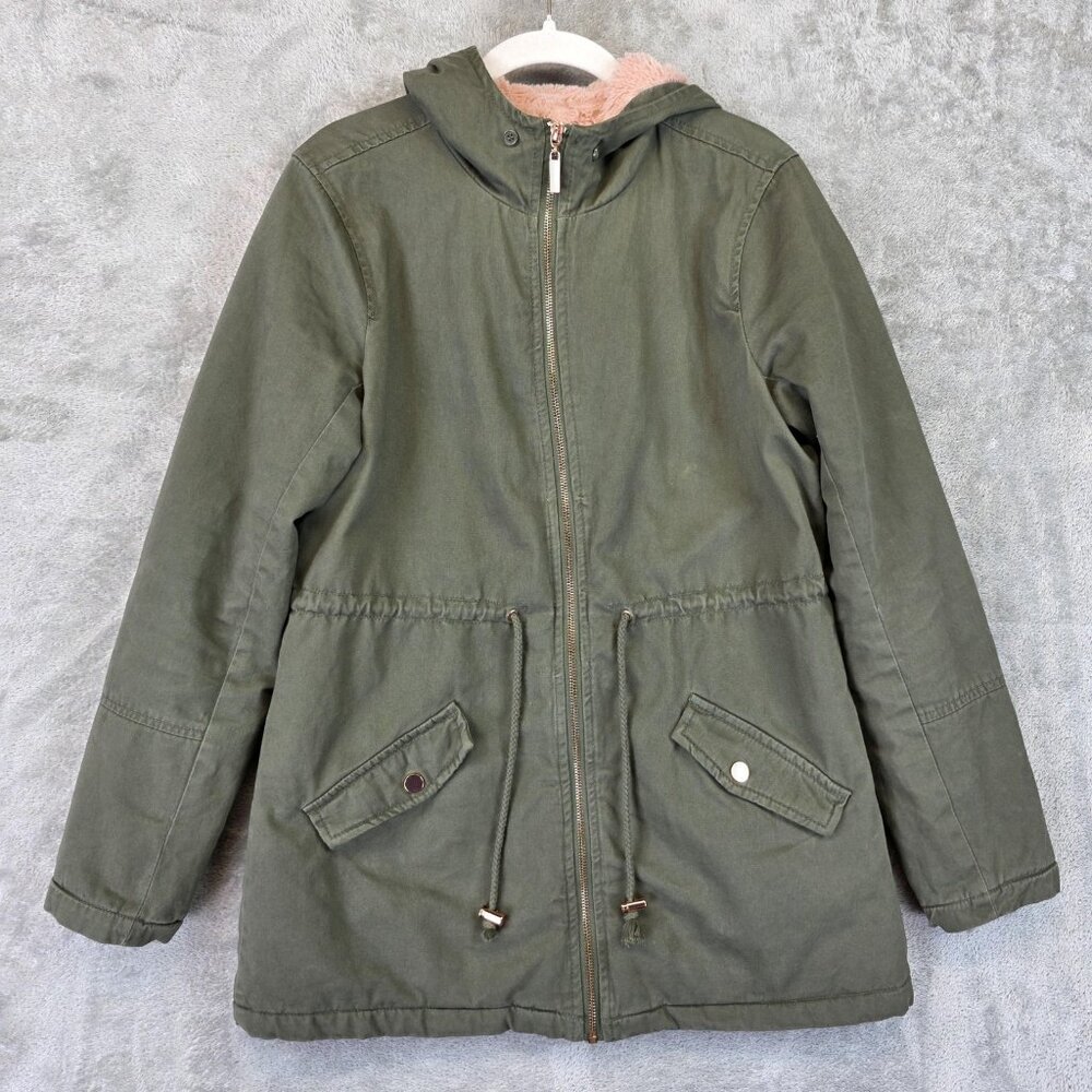 Guess Jacket Womens Small Green Hooded Parka Coat Faux Fur Lined Utility Zipper
